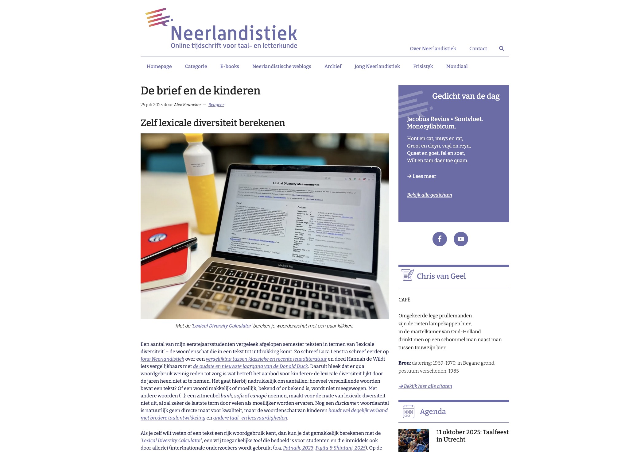 'De brief en de kinderen: zelf lexicale diversiteit berekenen' op Neerlandistiek