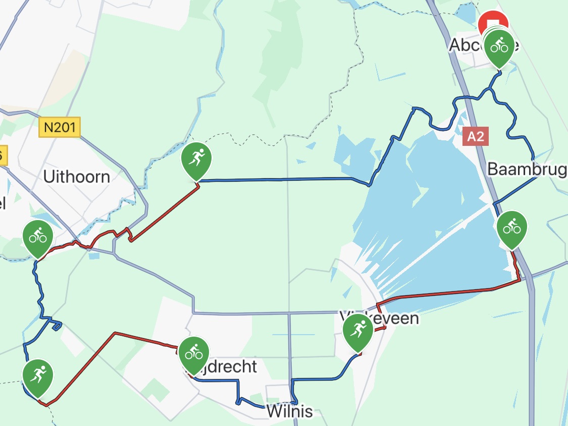 De route van de Ronde Venen Marathon met onze wisselpunten
