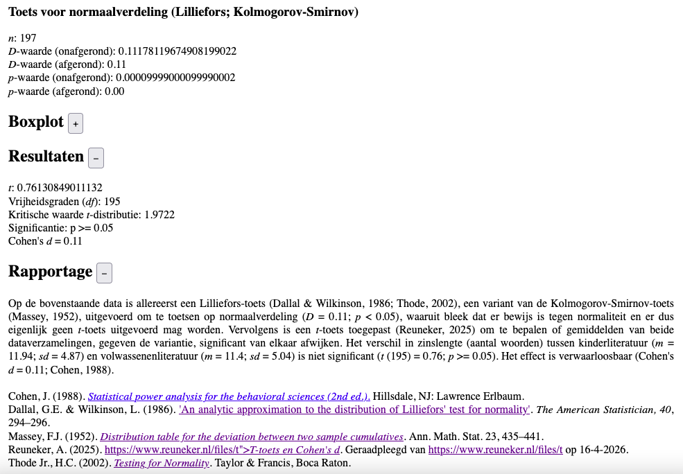 Rapportage van onder andere de Lilliefors-toets