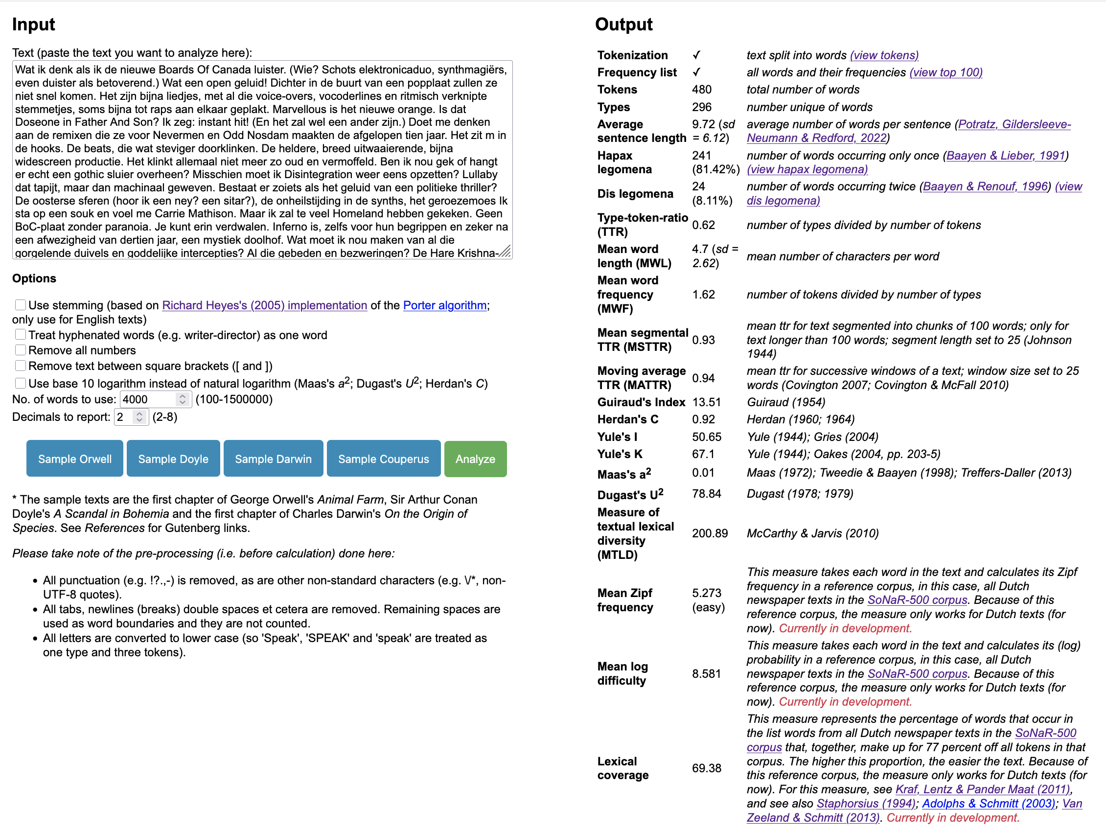 Lexical coverage added to Lexical Diversity Tool